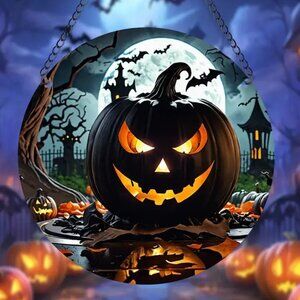 Halloween Jack O Lantern Suncatcher Pumpkin Bats Scary Spooky Horror Hanging